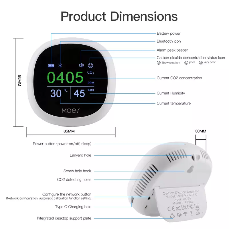 Bluetooth Carbon Dioxide Air Quality Monitor Detector，Portable Temperature And Humidity Sensor With Alarm Clock，Tuya Smart，CO2