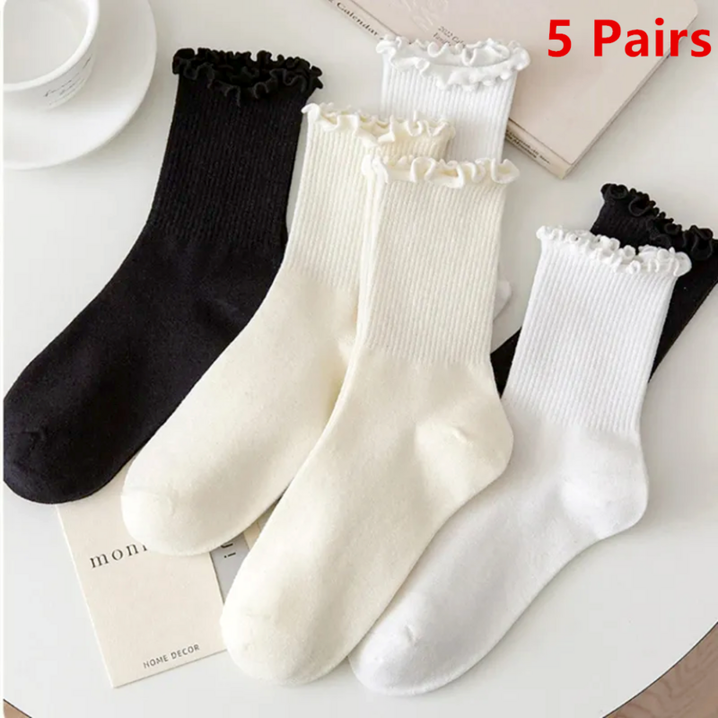 5 Paar Sokken Voor Vrouwen Meisje Koreaanse Japanse Ruches Katoen Middenbuis Enkel Kort Ademend Effen Zwart Wit Lente Herfst