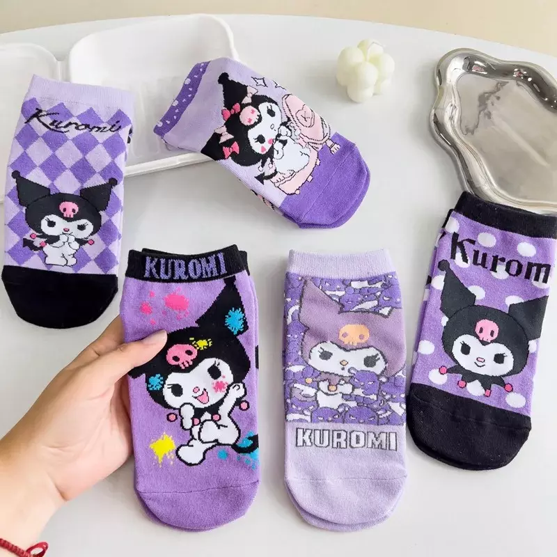 Chaussettes courtes imprimées Kuromi Cartoon pour filles, chaussettes courtes violettes, chaussettes de bateau en coton, mignon, adulte, printemps, automne, nouveau, 1 paire