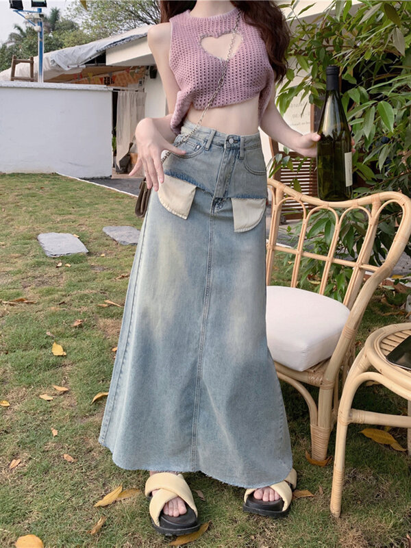 High Waist Blue Denim Vintage Color-block Pocket A-line Half-body Skirt Women Fashion Tide New Spring Autumn 2024
