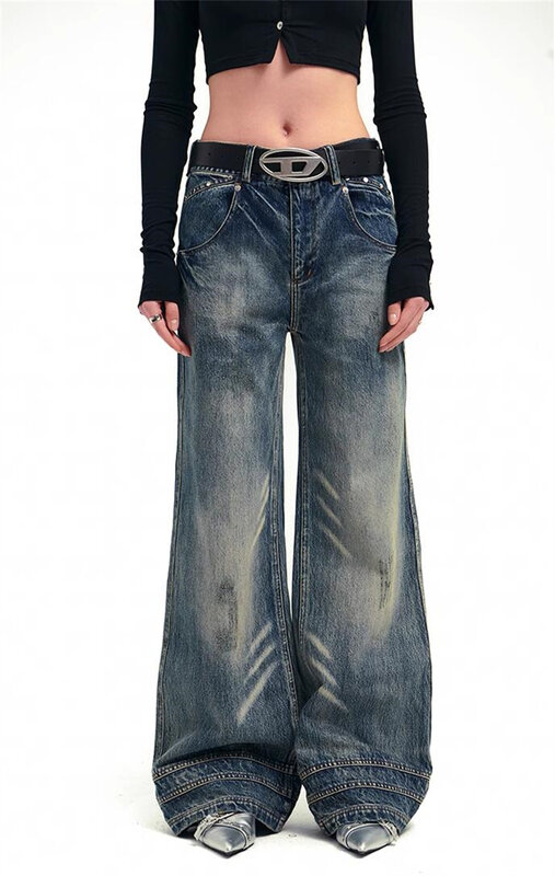 Женские голубые джинсы, винтажные мешковатые джинсовые брюки в стиле Харадзюку, ковбойские брюки с широкими штанинами Y2k, модная одежда в японском стиле 1920-х годов большого размера
