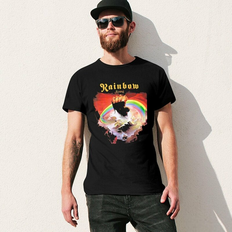 Camiseta de arcoíris rising para hombre, camisa negra lisa de gran tamaño, anime