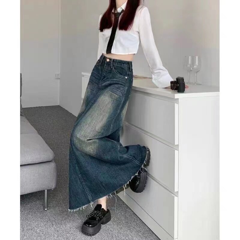 2022 Korea Modis Kawaii Harajuku Longgar Sepanjang Lutut Rok Panjang Midi Gotik Grunge Jeans Pensil Rok Maxi