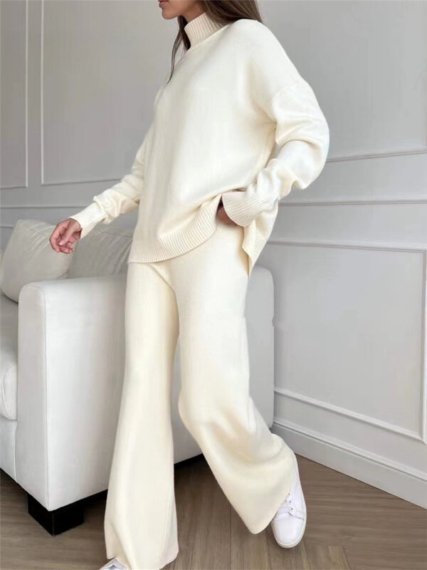 Новинка 2024, женский осенне-зимний костюм в европейском и американском стиле, свободный костюм с широкими штанинами с длинными рукавами и высоким воротником
