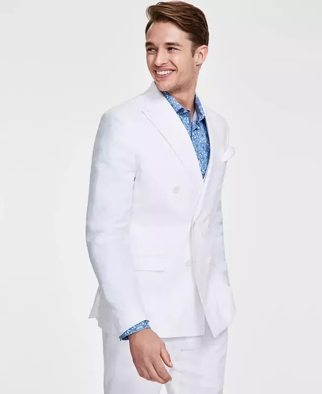 White Summer Linen Elegant Men Suit Smart Casual Double Breasted Slim Fit Blazers High Quality Custom 2 Piece Set Costume Homme
