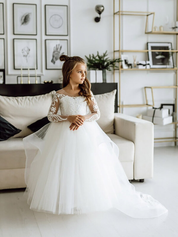 FATAPAESE Gaun Pengiring Pengantin Anak Putih untuk Anak Perempuan Bunga Lengan Panjang Renda Bunga Tulle A Line Gaun Appqulies Pernikahan Bahkan 2022
