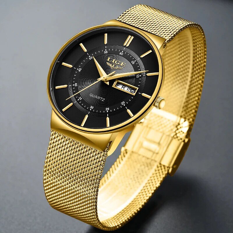 LIGE 2022 Fashion Watch Men Stainless Steel Top Brand Luxury Waterproof Quartz Watch Casual Sport Ultra Thin Date Clock Male+BOX