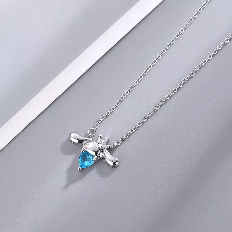 Anime Cinnamonrolls Sea Blue Heart Diamond Pendant Cute Cartoon Necklace Light Luxury High Grade Jewelry Festival Gift