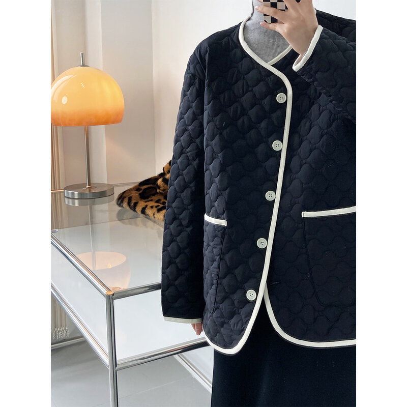 퀼트 코튼 디자인 센스 패치워크 컬러 루즈코튼 심플 캐주얼 자켓 여성용, 가을 겨울 의류 2022