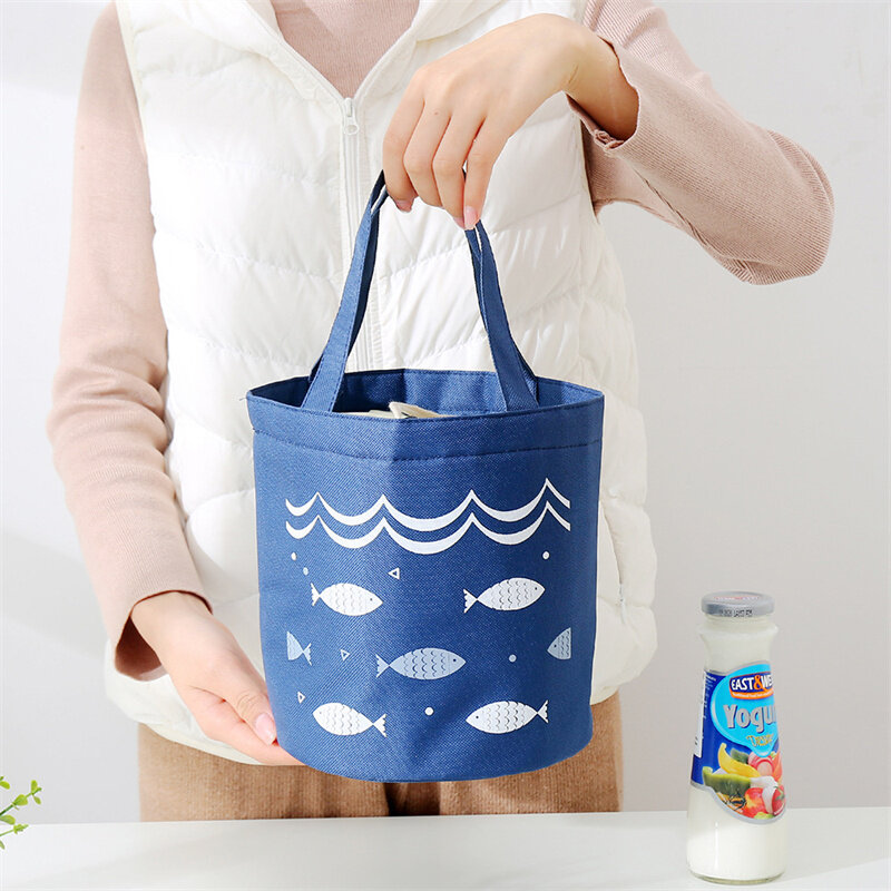 Japanese-style Round Barrel Lunch Box Bag Large-capacity Waterproof Thermal Lunch Bag Portable Drawstring Insulation Bento Bags