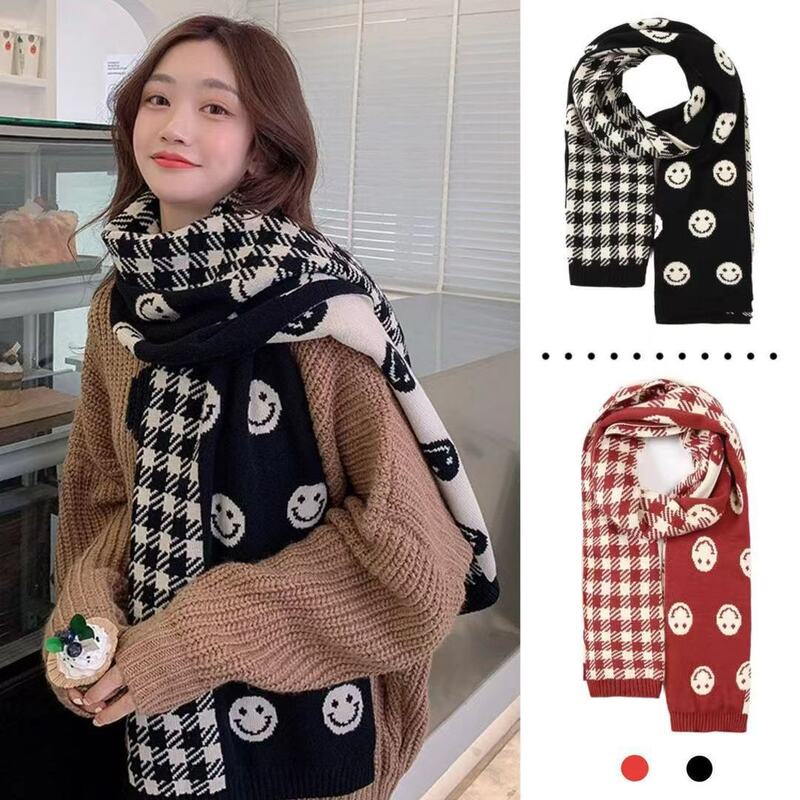 Bufanda ajustada de punto para mujer, pañuelo de lana con diseño sonriente, a la moda, estilo coreano, chal a cuadros, Foulard 2022