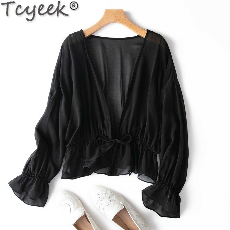 Tcyeek Natural Silk Thin Sunscreen Clothes Top Female Spring Summer Cardigan Short Style Coat for Women Fashion Solid Color Tops