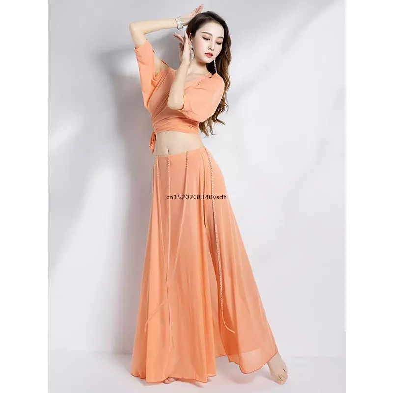Belly Dance Clothing for Women Mesh Pearls Sleeves Top+long Skirt 2pcs Girl Oriental Costumes Set Female Practice Wear Outfit
