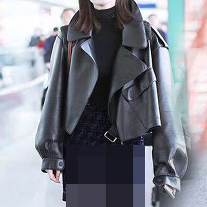2022 primavera nova pele de carneiro jaqueta de couro das mulheres curto jaqueta solta motocicleta terno casaco de couro bolsos