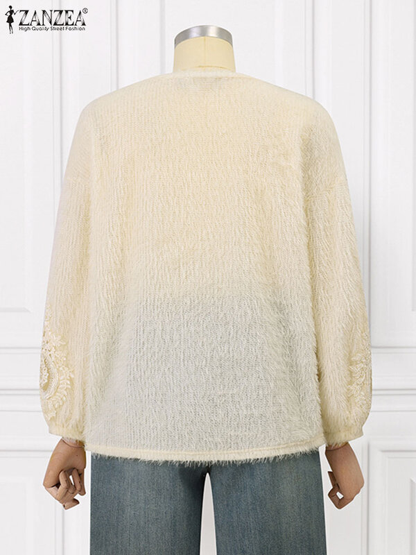 Повседневный свободный однотонный трикотажный элегантный кружевной свитер ZANZEA, женские винтажные топы с круглым вырезом, Осенние Пуловеры с длинными рукавами-фонариками 2023