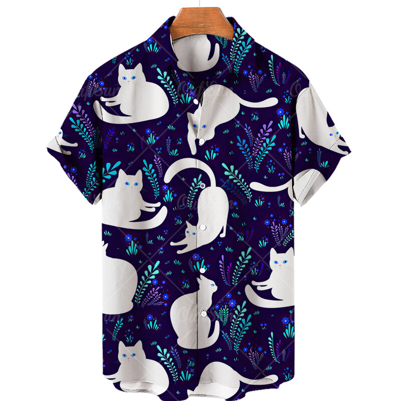 男性と女性のためのかわいい猫のプリントTシャツ,大判,大きくてシンプル,ボタン付き,カジュアル,夏,新しいコレクション,5xl
