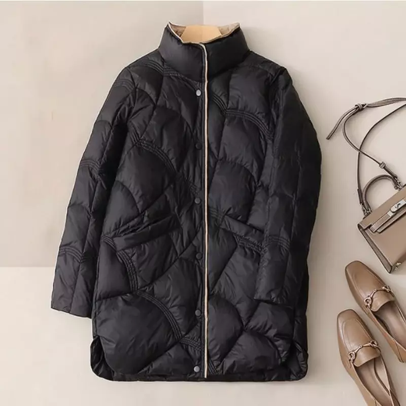 2024 Nowe długie damskie kurtki puchowe Ultra lekkie zimowe Vintage Slim Coat Jesienne ciepłe czarne pikowane parki E42