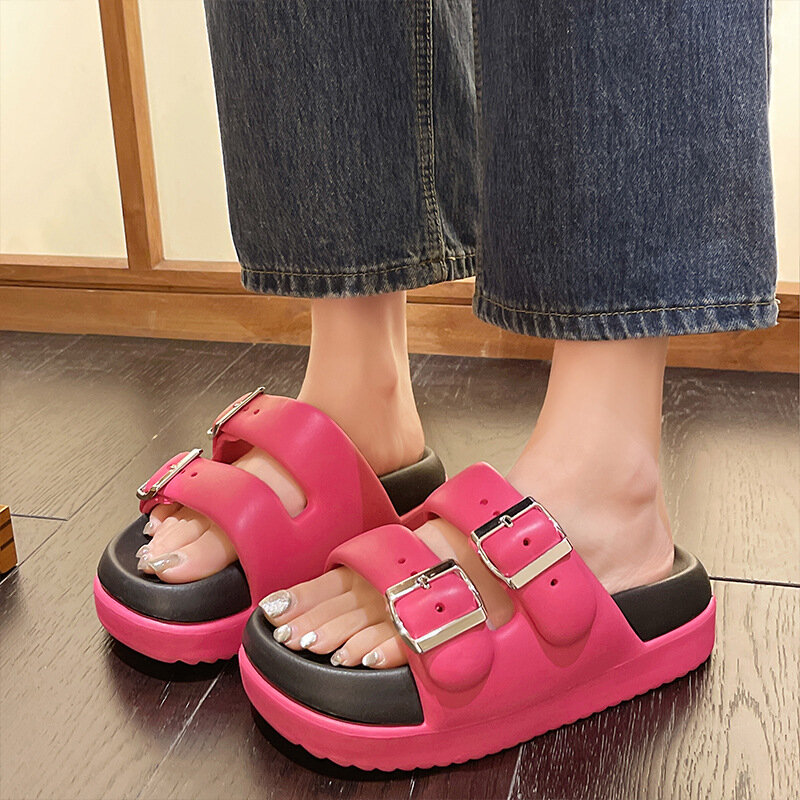 Модные уличные тапочки, женские летние сандалии контрастных цветов с металлической пряжкой, универсальные повседневные уличные тапочки на толстой подошве