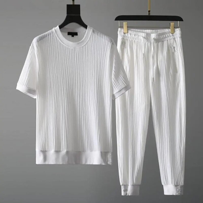 Moda męska klasyczny strój letni Top spodnie w jednolitym kolorze kieszeń rozciągliwa oddychająca koszulka z okrągłym dekoltem + spodnie do biura