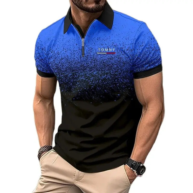 TOMNY-Camisa polo respirável com zíper para homens, alta qualidade, impressão gradiente, esportes, verão, novo, moda, 2022