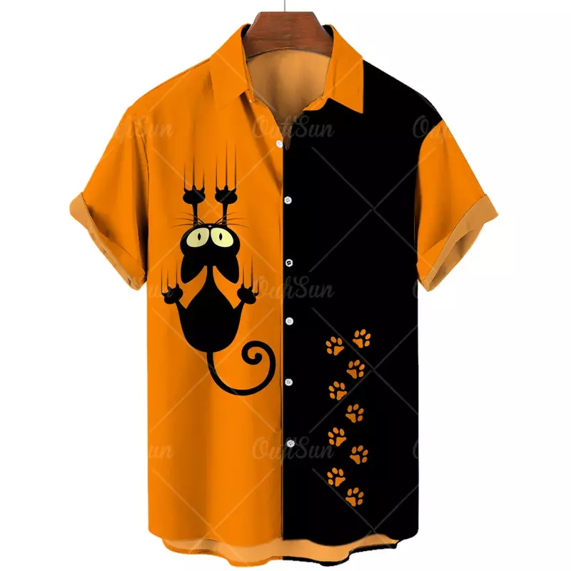 남성용 하와이안 반팔 셔츠, 빈티지 3D 고양이 패션, 남성 셔츠, 카미사 마스큘리나 플러스, 오버사이즈 5XL