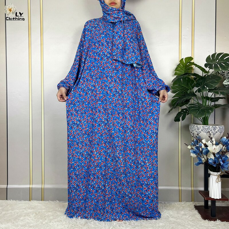 New Muslim Long Sleeved Cotton For Women Ramadan Prayer Turkey Middle East Femme Robe Floral Loose African Abaya Dress Scarfs