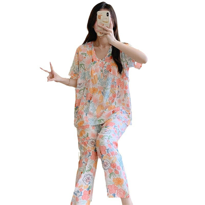 Пижамный комплект женский с коротким рукавом, Тонкая Повседневная Милая Домашняя одежда, воздухопроницаемая свободная одежда для сна из вискозы, с принтом, на весну-лето