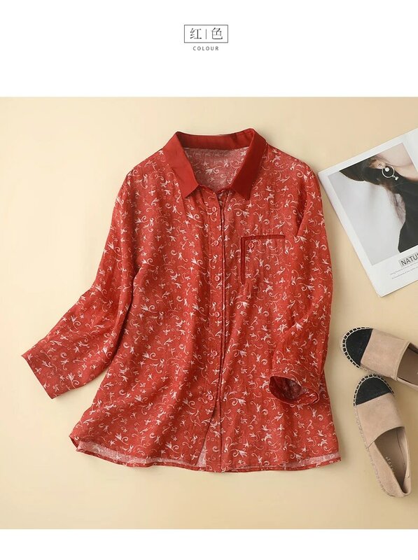 2024 Ramie Loose Casual Printed Linen Shirt Women's Spring Summer Floral Cotton Long Sleeve Blouse Female Loose Tops X1077