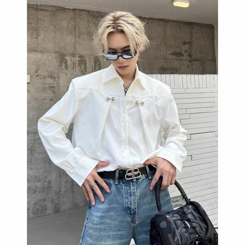 High-end Lapel Metal Button Shirt Men Y2k Niche Design Loose Casual Long Sleeves Solid Color Mens Shirts Light Luxury Streetwear