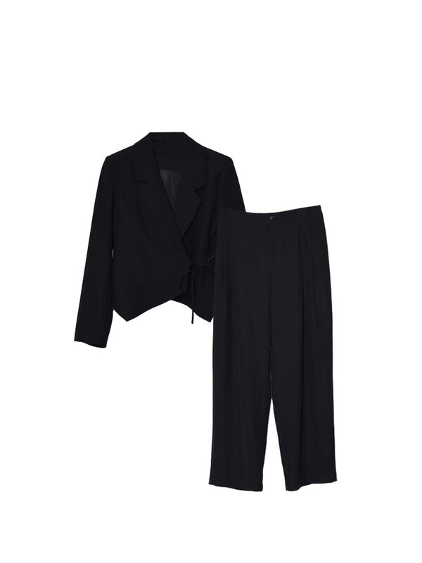 Модный комплект BZVW из 2 предметов для женщин, нестандартный короткий Блейзер со шнуровкой и присборенной талией, свободные брюки с высокой талией, 2024, весенняя одежда 26D9011