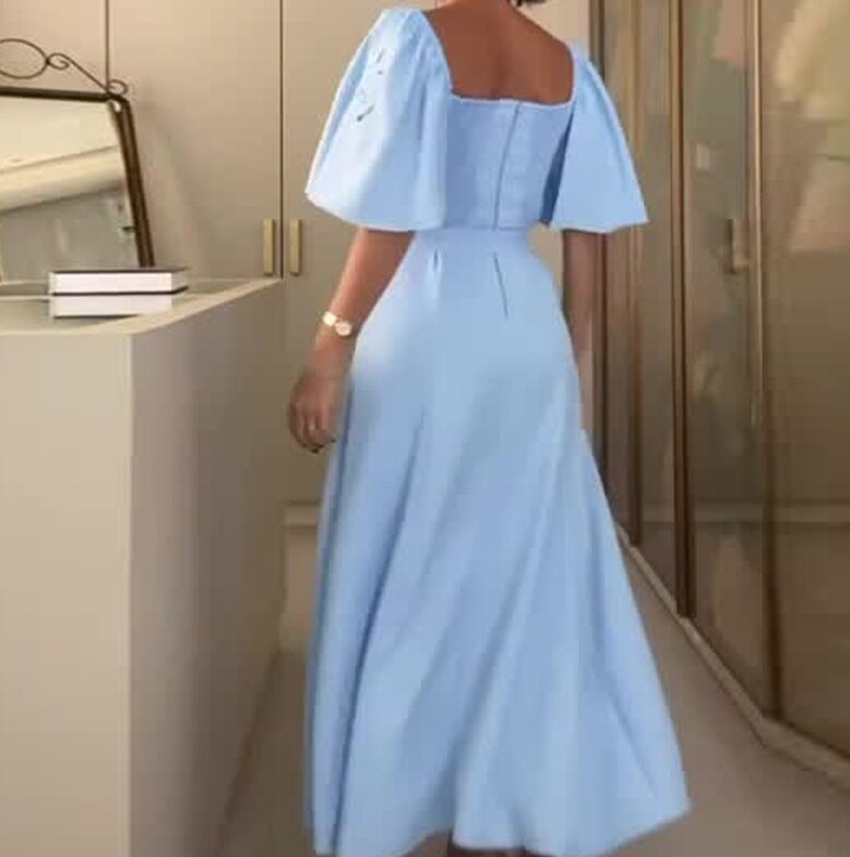 Женское длинное платье с квадратным вырезом, однотонное платье выше колена с рукавами-лепестками и высокой талией для отдыха, весна-лето 2024