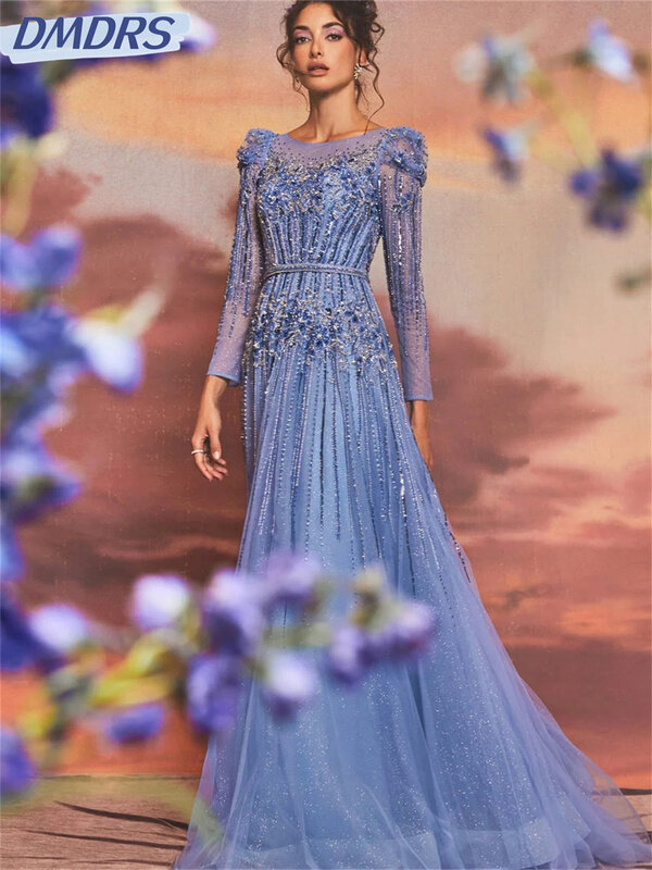Elegantes Tüll Langarm Ballkleid 2024 luxuriöse Perlen Abendkleider einfach eine Linie boden langes Kleid vestidos de novia