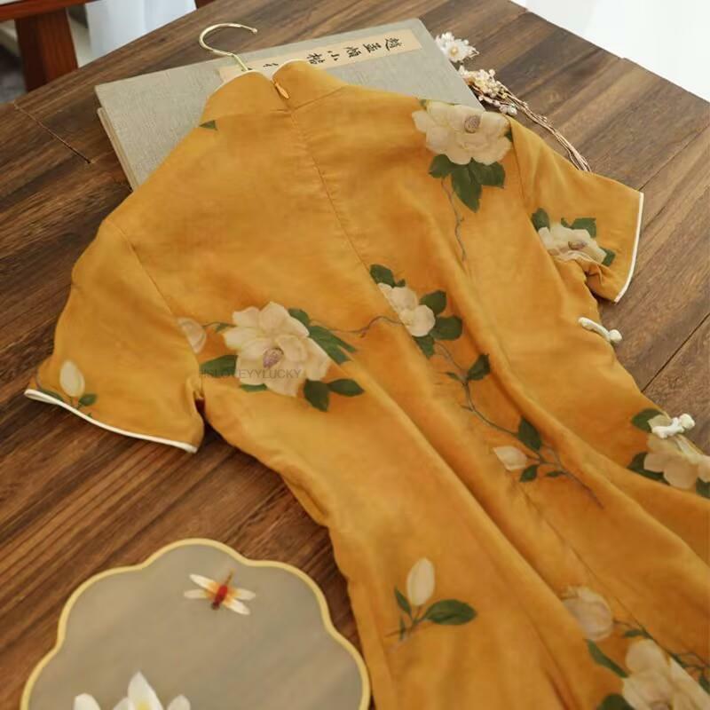 여성용 반팔 스탠드 칼라 슬림 플라워 한푸 치파오 드레스, 개선된 우아한 치파오 드레스, 중국 스타일, 여름 신상