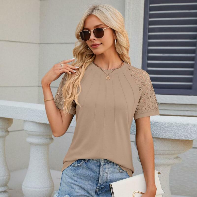 Spring Summer Round Neck Tee Stylish Women's Lace Splicing Tee Shirt Collection Casual Summer Blouses O-neck for Streetwear