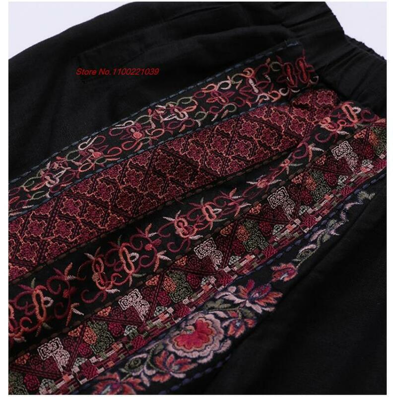Celana panjang vintage tradisional Cina, celana panjang longgar linen katun nasional pinggang elastis bordir bunga etnik 2024