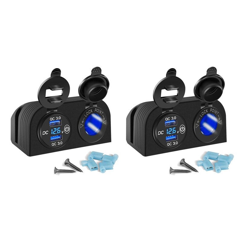 2X Tent Type Panel Two Hole, Quick Charge 3.0 Dual USB Car Charger+12V/24V Socket For Car Motorcycle Boat Marine ATV RV