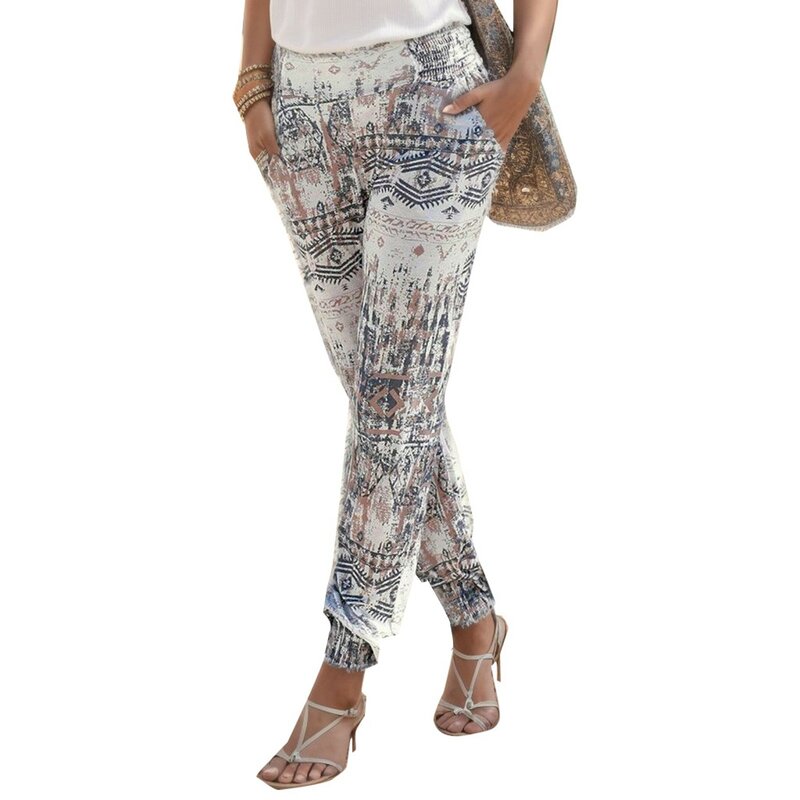 2024กางเกงผู้หญิงพิมพ์ลายโบฮีเมียน, กางเกงรัดรูปเอวยางยืดกางเกงยาวถึงน่องมีกระเป๋าสำหรับใส่ไปชายหาด