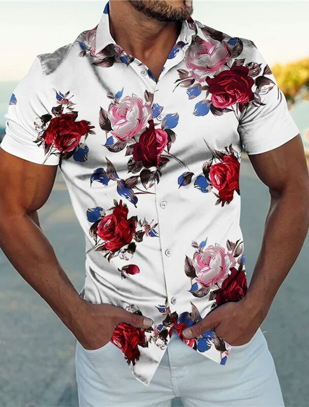 Camicia floreale stampata in 3D Casual da uomo d'affari abbigliamento da strada all'aperto per lavorare in tessuto elasticizzato a maniche corte con risvolto estivo a 4 vie