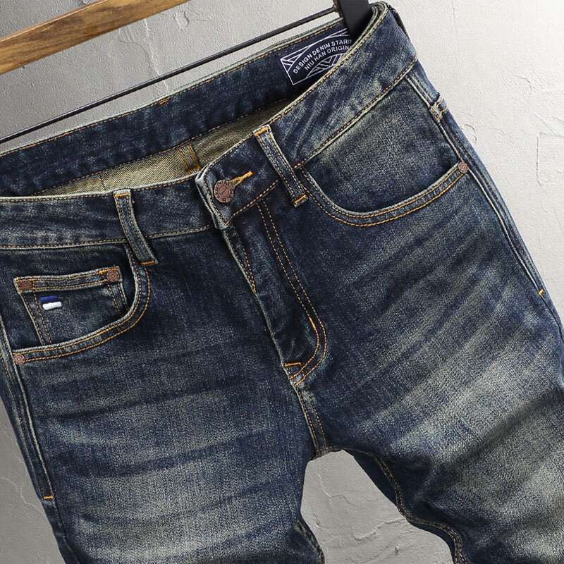 Jeans da uomo firmati di moda Jeans strappati Slim Fit elasticizzati blu lavati retrò di alta qualità da uomo pantaloni Casual in Denim Vintage