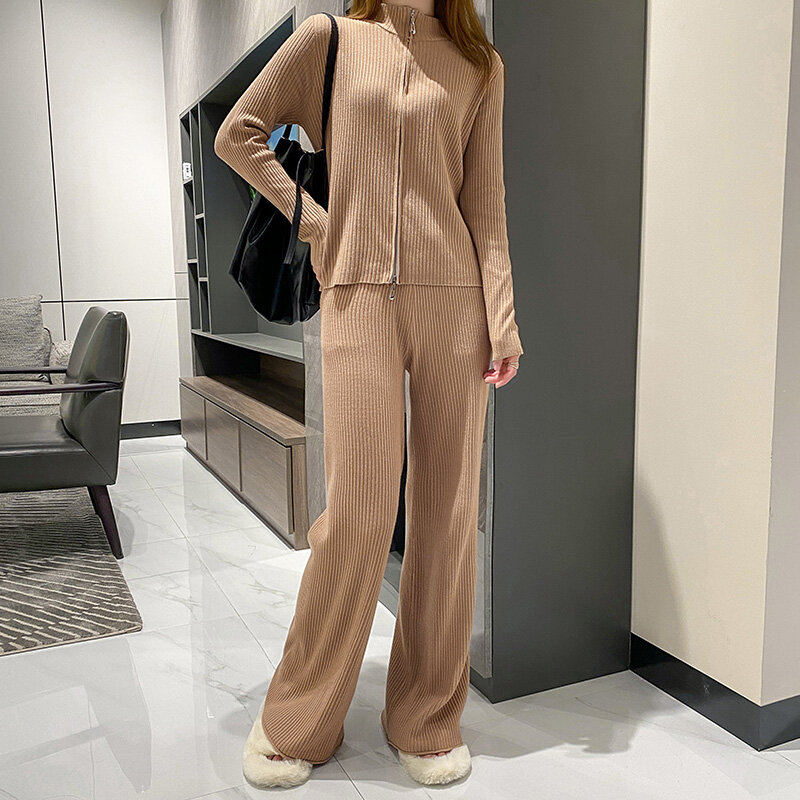 Ladies Sweater Set Half High Neck Zipper Temperament Shows Thin Western Style Spring and Autumn Wide Leg Pants Long Sleeve Top