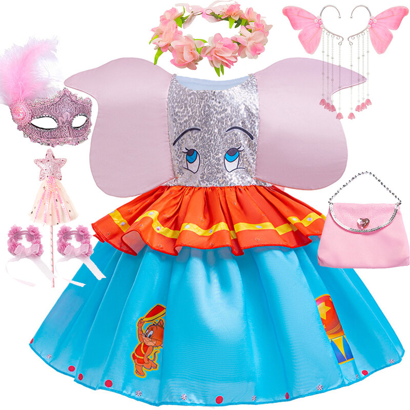Dumbo Cosplay Dress with Big Ear Fly Elephant para crianças, Disfarce Frocks para menina, Roupas de performance de palco para jardim de infância