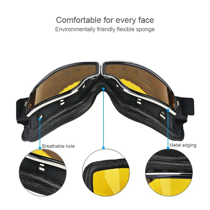 Motorcycle Goggles Adjustable Retro Motocross Goggles Vintage Black/Brown Leather Motorcycle Glasses With Breathable Hole