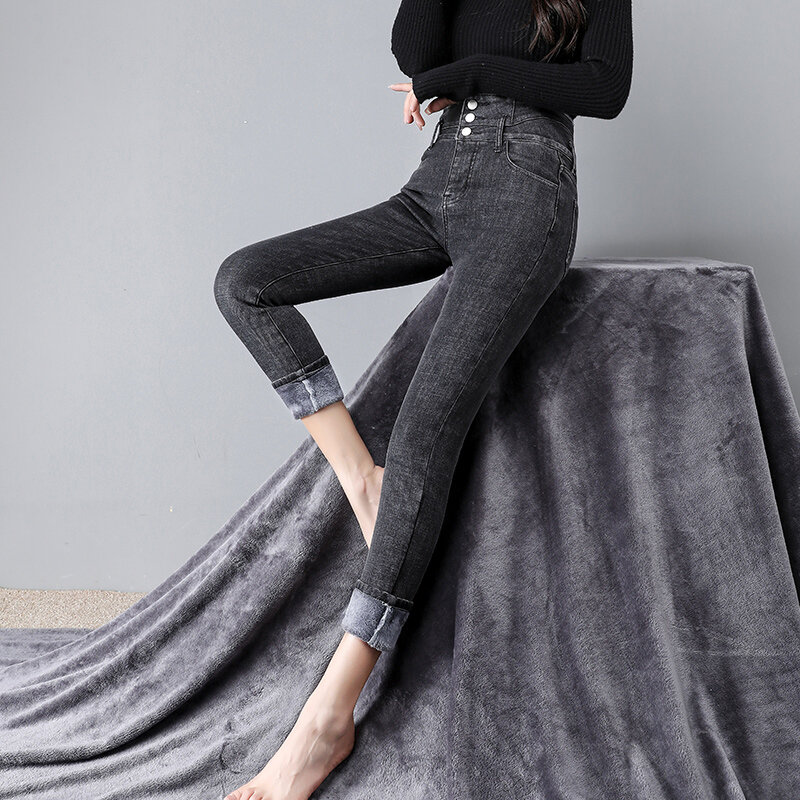 Jeans feminino de lã quente, jeans vintage fino, de cintura alta com tudo o que combina na moda, outono e inverno, 2023