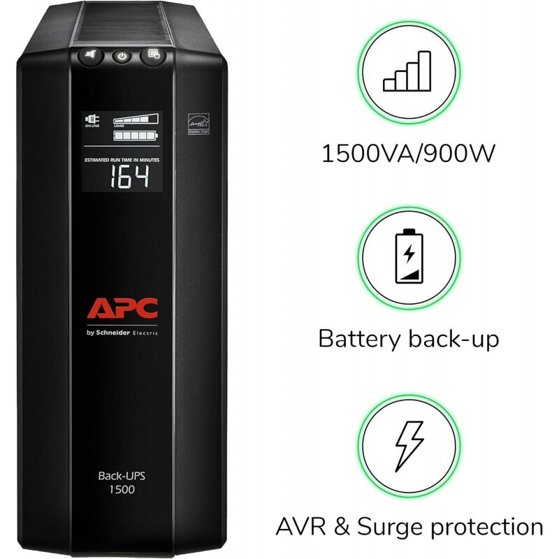 Protector contra sobretensiones y respaldo de batería APC UPS 1500VA, fuente de alimentación BX1500M B, AVR, protección Dataline
