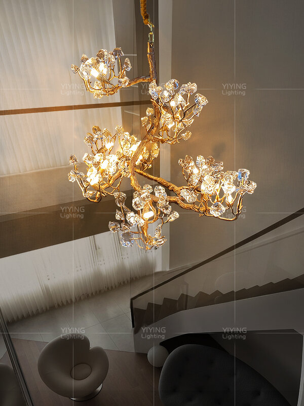 Люстра YIYINGART в стиле постмодерн для гостиной, хрустальная лампа для виллы и столовой, медная лампа для кабинета, чайной комнаты, бара, стола, Цветочная люстра