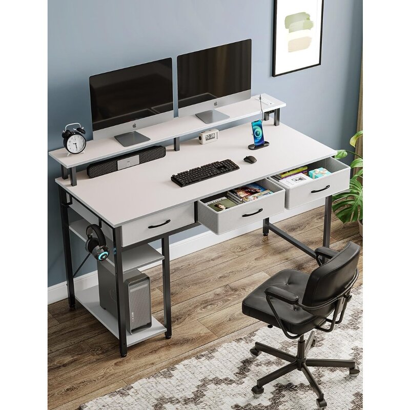 Rolanstar Computer Desk with Power Outlets & LED Light, 47 inch Home Office Desk with Drawers and Storage Shelves,