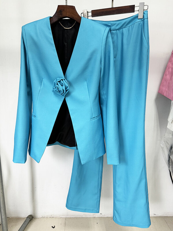Женский Дизайнерский Костюм-двойка, элегантный блейзер без воротника, расклешенные брюки с цветочной аппликацией, 2024
