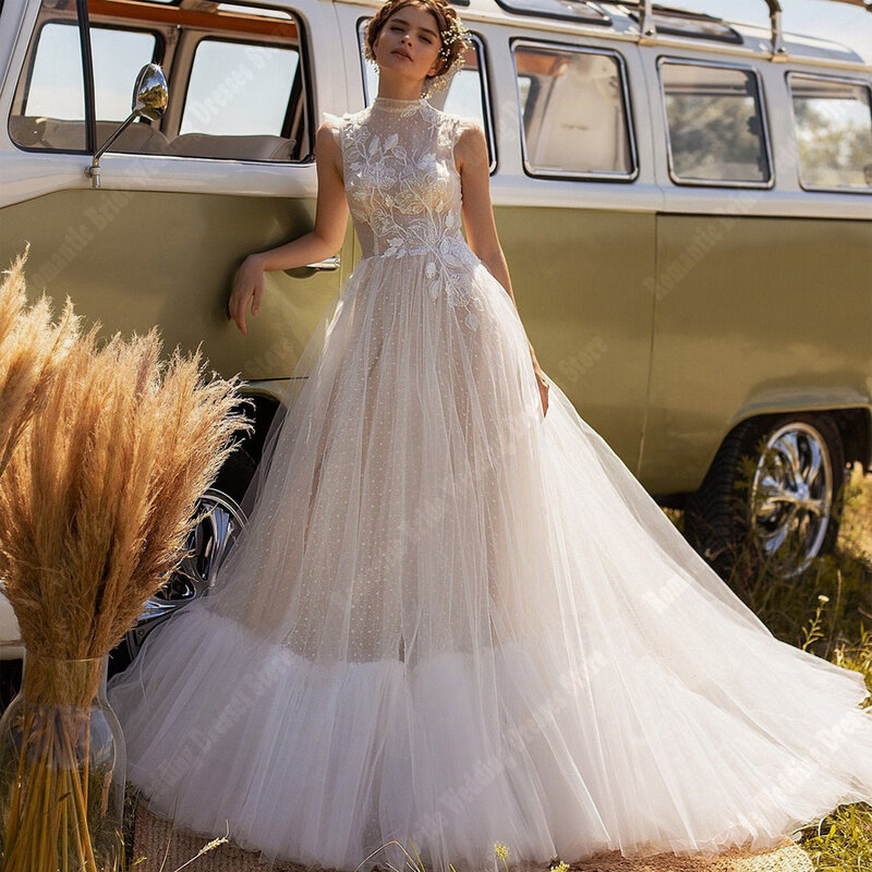 Damskie suknie ślubne z tiulem w stylu bohema elegancka koronka aplikacje suknie ślubne przezroczysty, transparentny zaręczynowe Vestidos De Novias