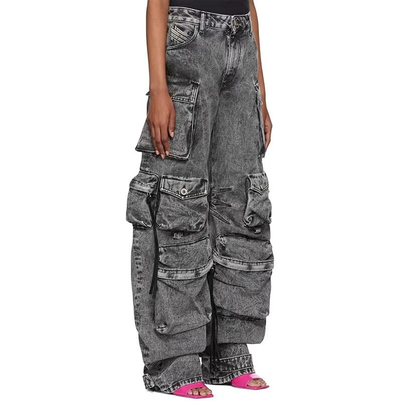 กางเกงยีนส์ Y2K ทรงตรงมีกระเป๋าหลายช่องแบบย้อนยุคสำหรับผู้หญิงกางเกงขาม้าสีดำทรงหลวมแนวสตรีทฮิปฮอป