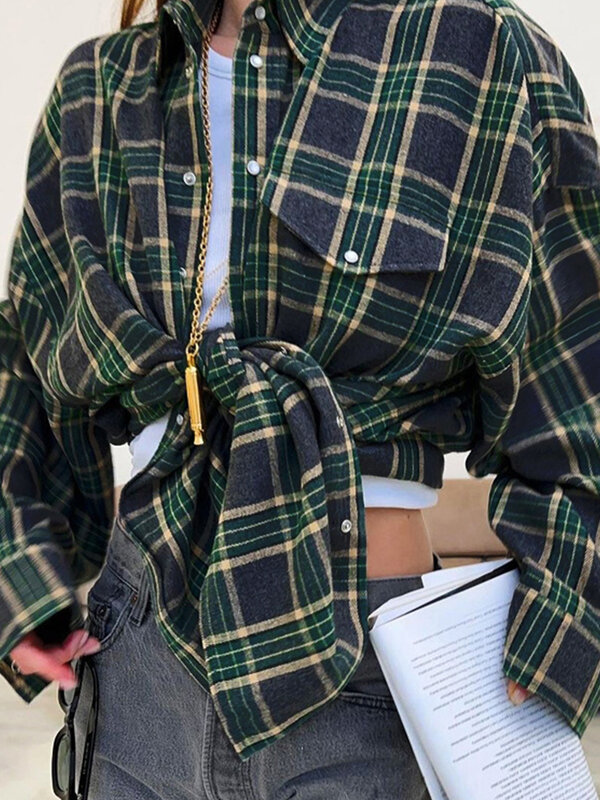 Mueyaruho-Camisa xadrez vintage extragrande para mulheres, manga comprida grossa, ajuste solto, blusa feminina clássica, outono e inverno, 2023